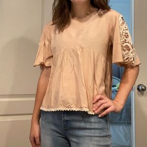 Zara Basic Peach Blouse with Lace Detail Sleeves